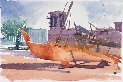 Dubai, boten en windmolens, 2004 (aquarel op papier) door Simon Fletcher
