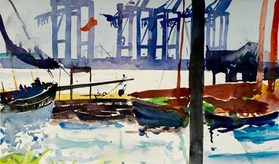 Hamburg, containerhaven, 2009 (aquarel) door Simon Fletcher