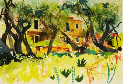 Huizen bij Notos, 2006 (aquarel) door Simon Fletcher