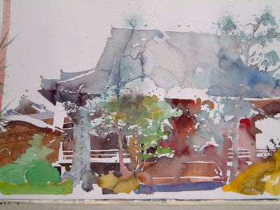 Kyoto Tempel (aquarel op papier) door Simon Fletcher