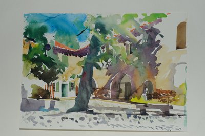 La Place, Villeneuvette, 2009 (aquarel op papier) door Simon Fletcher