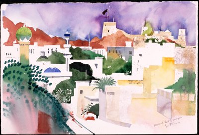 Muscat Fort en Moskeeën (aquarel op papier) door Simon Fletcher