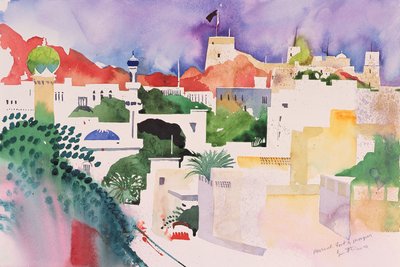 Muscat Fort en Moskeeën, 2004 (aquarel op papier) door Simon Fletcher
