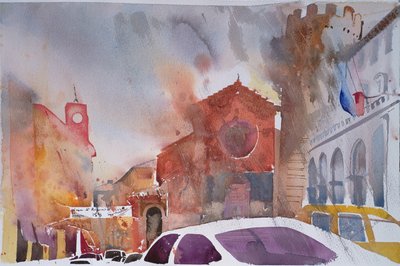 Orvieto Piazza, Italië 2002 (aquarel) door Simon Fletcher