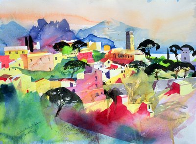 Ravello en de baai van Salerno, 2003 (aquarel op papier) door Simon Fletcher