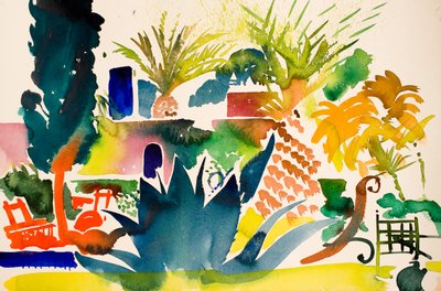 Rode stoelen, 2016 (aquarel) door Simon Fletcher