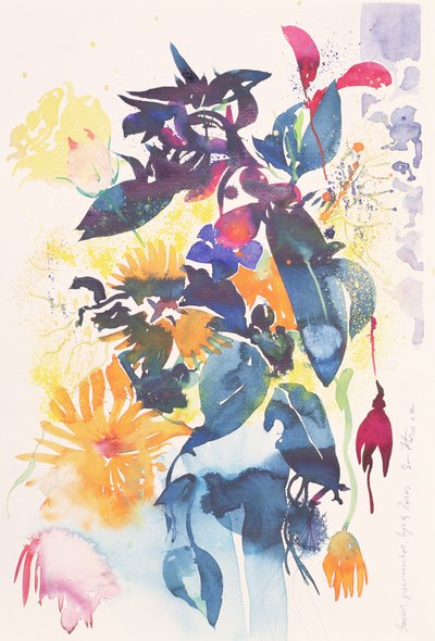 Goudsbloemen, maagdenpalm, lelie, roos, 2002 (aquarel) door Simon Fletcher