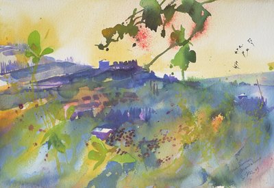 Drie huizen Montalcino, Italië, 2003 (aquarel) door Simon Fletcher