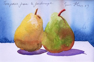 Twee peren uit de tuin, 2003 (aquarel op papier) door Simon Fletcher