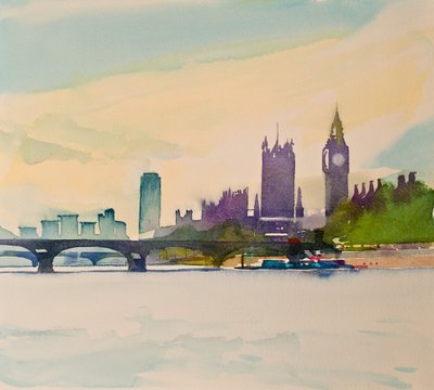 Westminster vanaf de loopbrug II, 2016 (aquarel) door Simon Fletcher