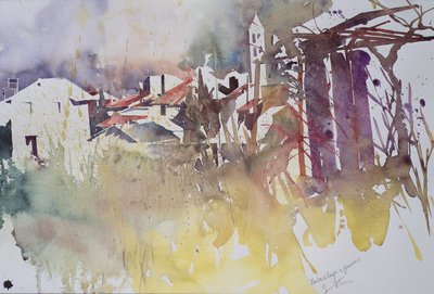 Winterdorp en grassen, Frankrijk, 2008 (aquarel) door Simon Fletcher