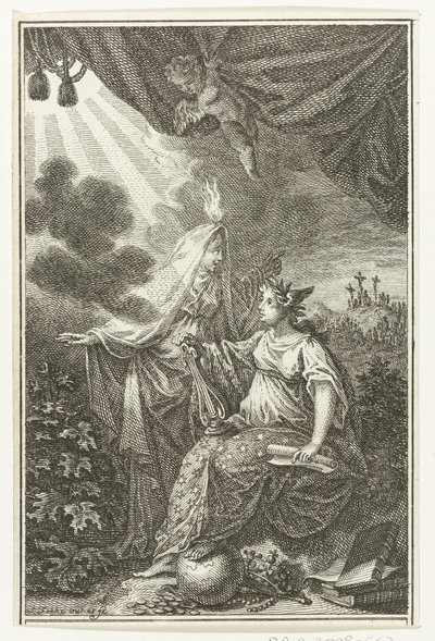 Allegorische figuren nabij de heuvel Golgota door Simon Fokke
