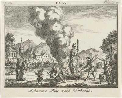 Verbranding van Jan Hus op de brandstapel, midden 18e eeuw door Simon Fokke