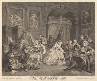 Huwelijk à la Mode: pl.4 door Simon Francois Ravenet I after William Hogarth