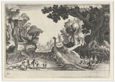 Boslandschap met een kruis langs een pad door Simon Frisius