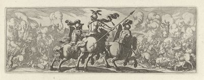 Drie cavaleristen bij een veldslag met olifanten (Cavalerie, series title) Faecvnda qvam sit acris ingeni viris dilecta Phaebo et gratys Florentia, sat indicant pvgnae, enthea vi pectoris quas Mercuri sculpsit cliens tempestiv (series title) door Simon Frisius