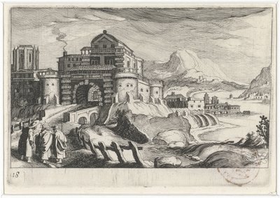 Emmaüsgangers voor een stadspoort in een berglandschap door Simon Frisius