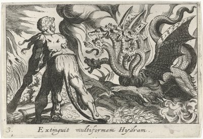 Hercules in gevecht met de hydra van Lerna door Simon Frisius