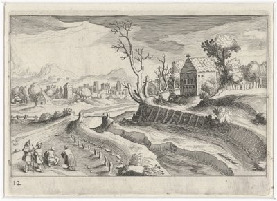 Heuvellandschap met een kapel door Simon Frisius