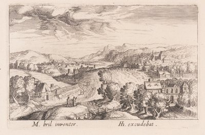 Heuvelachtig landschap met drie paren, uit Topographia Variarum Regionum door Simon Frisius