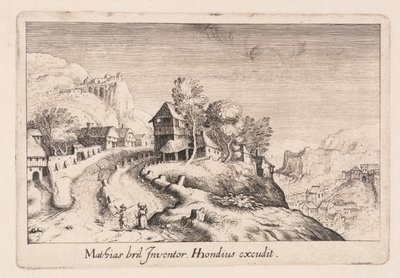 Landschap met een pad op een berg door een dorp, uit Topographia Variarum Regionum door Simon Frisius