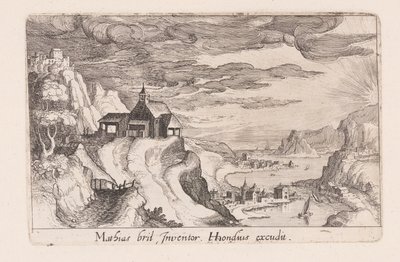 Landschap met een rivierdal en een kerk op een heuvel, uit Topographia Variarum Regionum door Simon Frisius