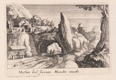 Paar figuren lopend onder een rotsbrug, uit Topographia Variarum Regionum door Simon Frisius