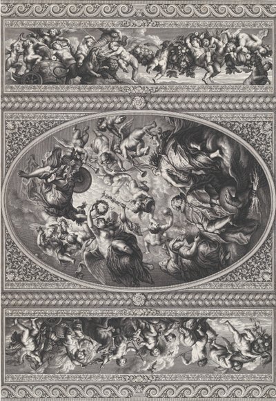 De apotheose van James I in een ovaal in het midden, friezen met putti en guirlandes door Simon Gribelin