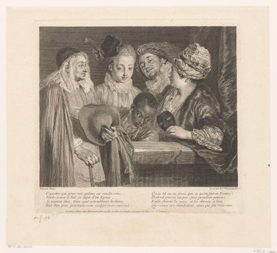 Gezelschap van vijf acteurs bij een parapet Oeuvre van Antoine Watteau door Simon Henri Thomassin