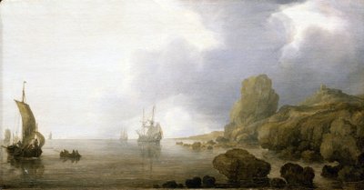 Boten in de ondiepe wateren van een rotsachtige baai, een romantische en geïdealiseerde visie door Simon Jacobsz. Vlieger