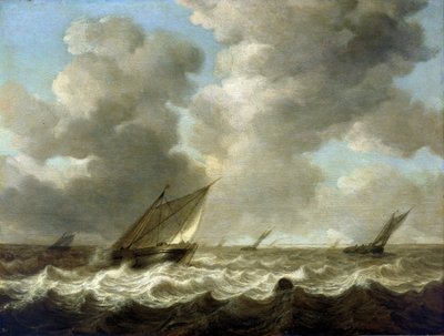 Vissersboten op ruwe zee, aan de horizon is de Nederlandse kust zichtbaar door Simon Jacobsz. Vlieger