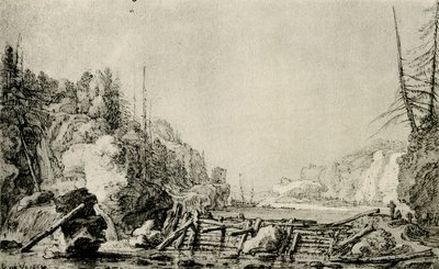Landschap met een rivier tussen bergachtige oevers door Simon de Vlieger