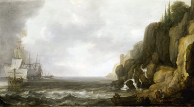 Bevoorrading van een squadron Nederlandse oorlogsschepen voor anker aan een rotsachtige kust door Simon Jacobsz. Vlieger