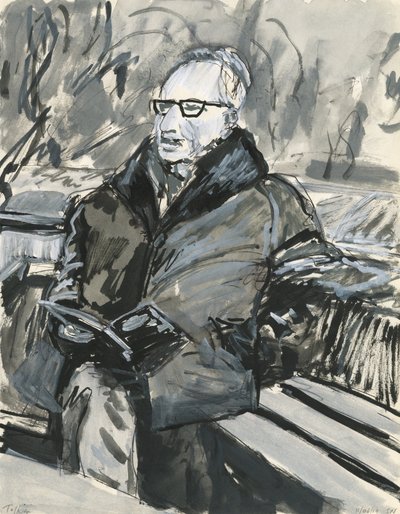 Man leest een boek, 2019 (inkt  acrylverfstiften op papier) door Simon Neville