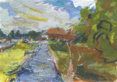 Pavenment  binnenweg naar huizen, 2024 (acryl, aquarel, aquarelpotloden  oliepastel op papier) door Simon Neville