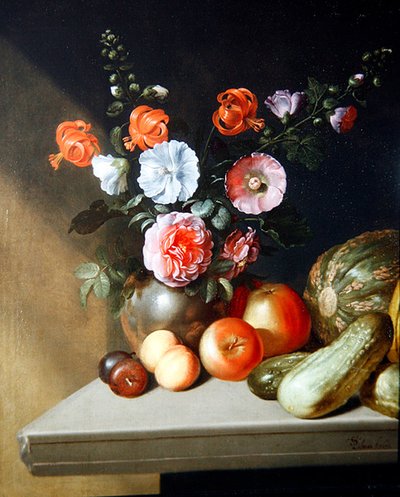 Een stilleven van rozen, riddersporen en lelies door Simon Peter Tilmann