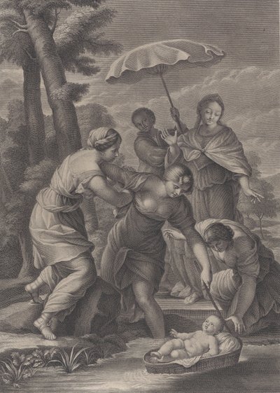 Drie Vrouwen die de Mand met de Baby Mozes uit het Water Trekken, ca. 1729 door Simon Vallee