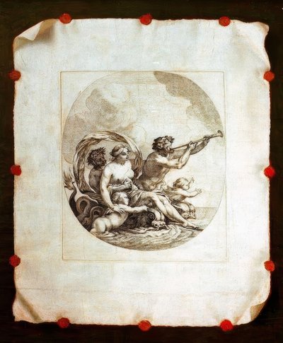 Trompe l’oeil met gravure van Galatea door Simon Vouet