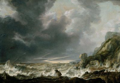Schip in nood voor een rotsachtige kust door Simon de Vlieger