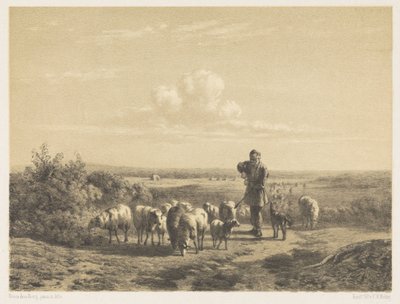 Herder met zijn schapen op de hei door Simon van den Berg