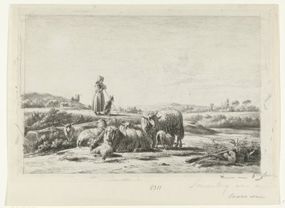 Landschap met herderin en hond bij kudde schapen door Simon van den Berg