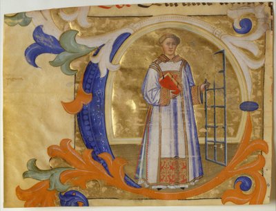 Manuscriptverlichting met Sint Laurentius in een initiaal C, uit een Graduale door Simone Camaldolese