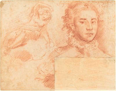 Een Portret van een Koningin en een Studie van een Vrouw Zittend op een Wolk; verso, Slapende Figuur door Simone Cantarini