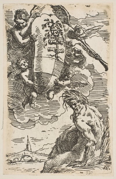 Allegorie van de Foglia-rivier met het wapen van de stad Pesaro, frontispice voor door Simone Cantarini