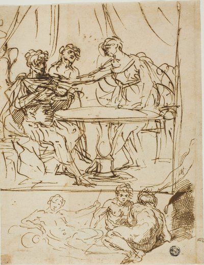 Judith met het Hoofd van Holofernes en Schetsen van Riviergoden (recto); Vrouwelijk Hoofd, Opwaarts Kijken (verso) door Simone Cantarini