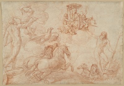Jupiter, Neptunus en Pluto brengen eer aan het wapen van kardinaal Borghese door Simone Cantarini