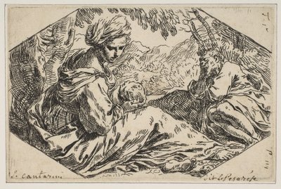 Rust in Egypte, Maria houdt en kijkt naar het kind Jezus terwijl Sint Jozef..., ca. 1637-1639 door Simone Cantarini