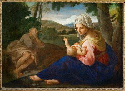 Rust op de vlucht naar Egypte (schilderij op doek) door Simone Cantarini
