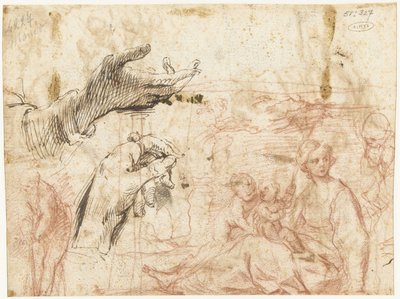 Schetsblad met verschillende composities, onder andere van twee handen door Simone Cantarini