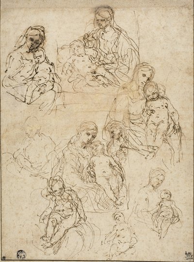 Schetsen van de Maagd en het Kind, en de Heilige Familie door Simone Cantarini